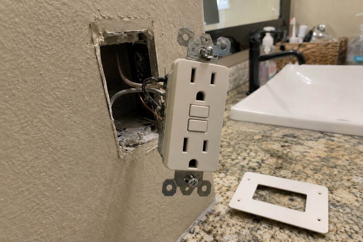Ground-fault receptacle pulled forward from a wall box, test and reset buttons facing out